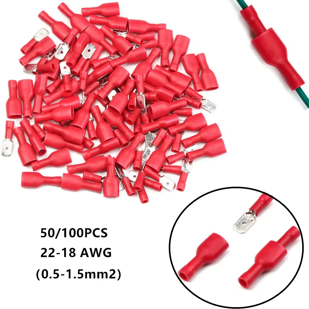 

100/50PCS 6.3mm Insulated Spade Crimp Terminal Wire Connector Female&Male Electrical Wire Cable Connecors