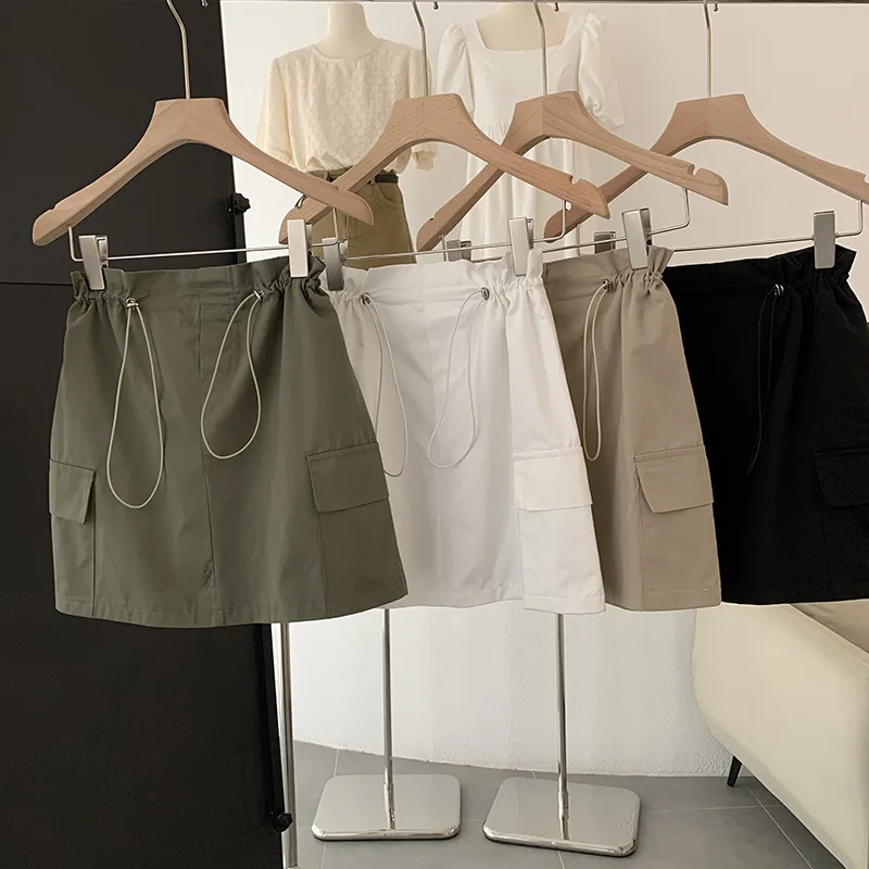 

Women Fashion Cargo Mini Skirt Vintage Preppy Elastic Paperbag Waist Flap Pockets Side Casual A-Line Short Skirt Mujer