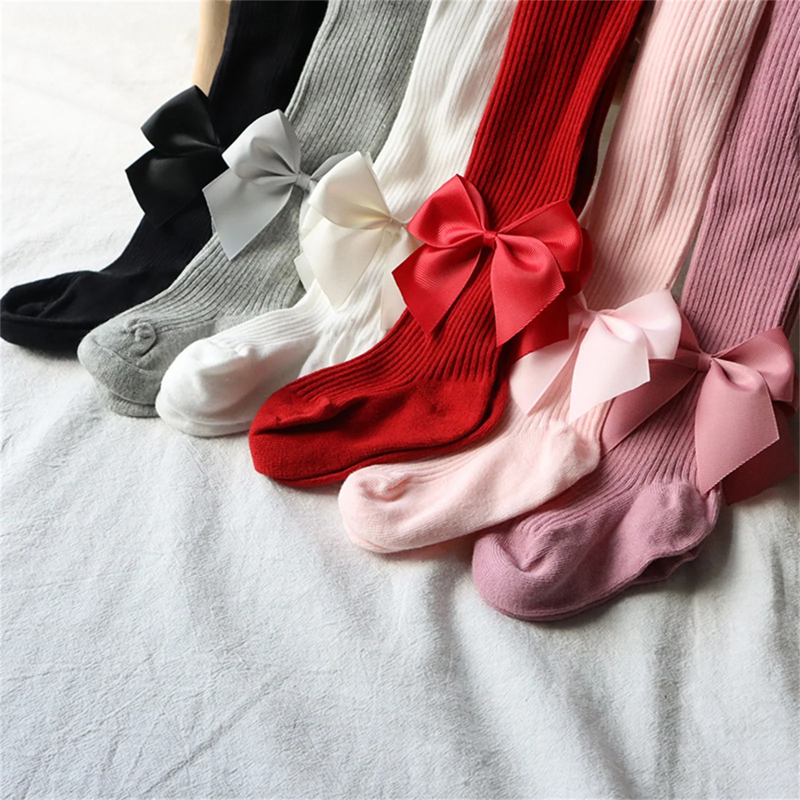 

2023 Spring Knitted Baby Pantyhose For Girls Children Bowknot Bottom Tights Toddler Kid Girl Ribbed Stockings