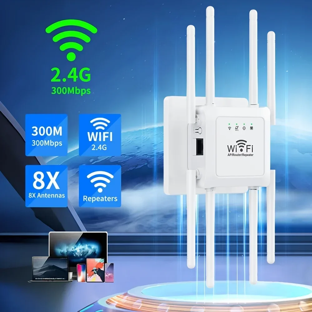 

NEW 300Mbps WiFi Extender Repeater 8 Antennas WiFi Booster 2.4G WiFi Signal Amplifier Wireless Router Network for Home Office