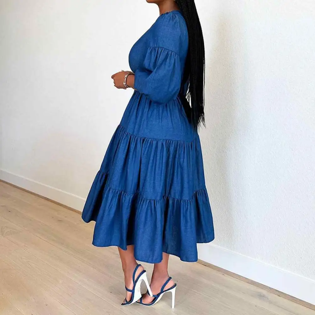

Autumn Swing Dress Elegant A-line Midi Dress with Puff Sleeves Belted Waist Soft Patchwork Pleats for Women Loose Waistline