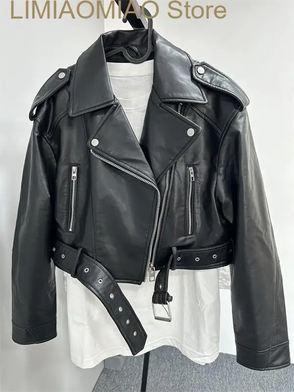 

New Women's washed leather jacket with belt, short coat with downgraded zipper and vintage lapel, e jacket