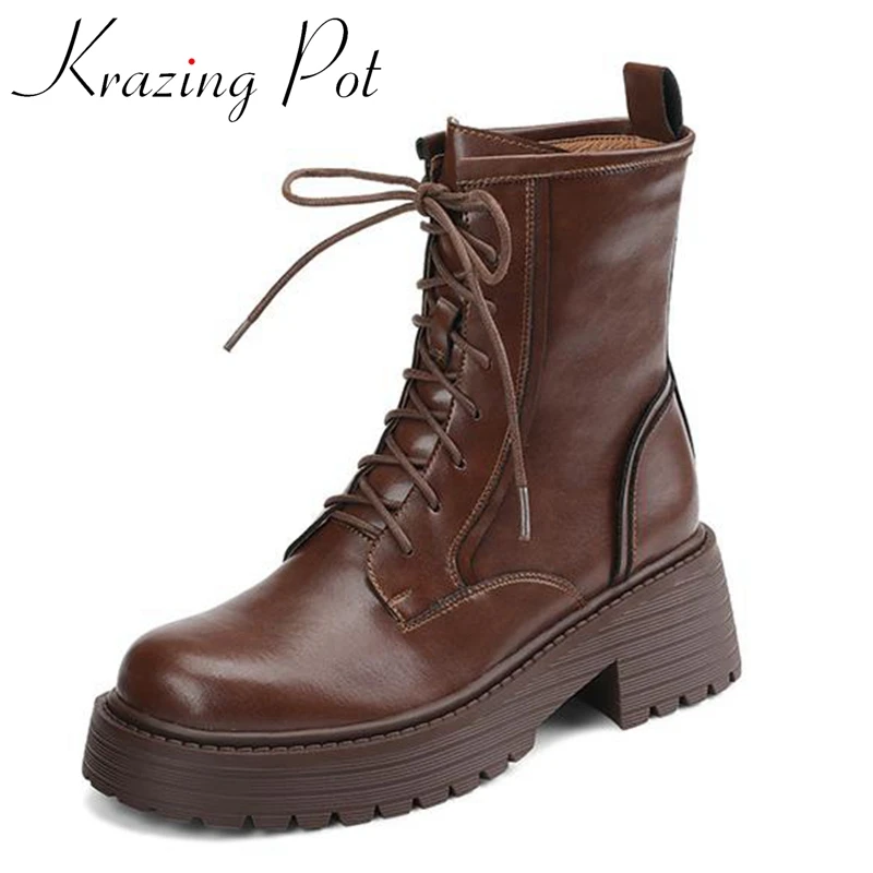 Krazing Pot Full Grain Leather Round Toe Thick High Heels Fashion Boots Platform Leisure Sewing Thread Cross-tied Ankle Boots
Krazing Pot Full Grain Leather Round Toe Thick High Heels Fashion Boots Platform Leisure Sewing Thread Cross-tied Ankle Boots