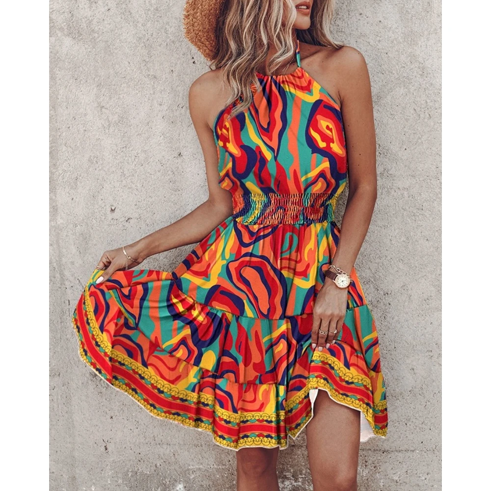 

Women Abstract Print Sleeveless Ruched Halter Dress Ruffles Dress Party Summer Shirring New In Outfits Clothing Streetwear Dress
