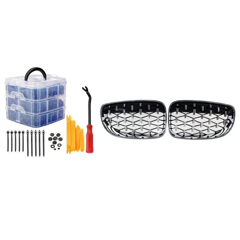 

2 Set Car Accessories: 1 Set Car Retainer Clips Fender Rivet Clips Kit & 1 Set Front Hood Diamond Grille Meteor Grill