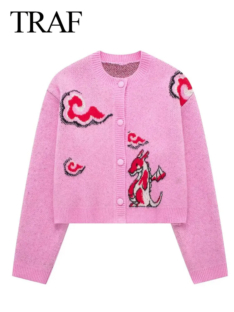 

TRAF Spring Women New Chic Pink Cartoon Sweater Cardigans Woman O Neck Knitwear Sweater Jacket Long Sleeve Knit Cardigan Coat