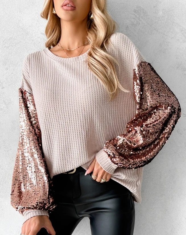 

Fashion Woman Blouse 2023 Spring Contrast Sequin Waffle Knit Colorblock Lantern Sleeve Casual Round Neck Long Sleeve Daily Top