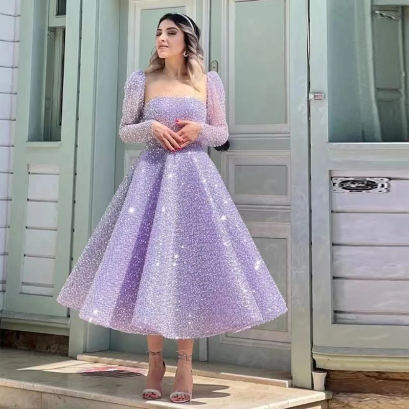 Vintage Lavender Sequined Beads Pearls Prom Dresses Tea Length Long Sleeves A-Line Arabic Muslim Evening Dress Engagement Gowns
Vintage Lavender Sequined Beads Pearls Prom Dresses Tea Length Long Sleeves A-Line Arabic Muslim Evening Dress Engagement Gowns