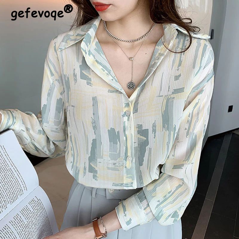 

2023 Summer Korean Fashion Print Loose Street All Match Button Up Shirts Casual Simple Long Sleeve Tunic Tops Blouses for Women