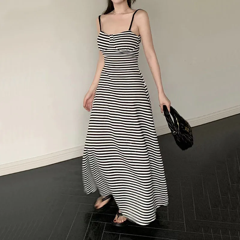 

Stripe Cami Midi Dress Summer Sexy Backless Sleeveless A-Line Dress Ladies Harajuku Korean Beach Vacation Casual Suspender Dress