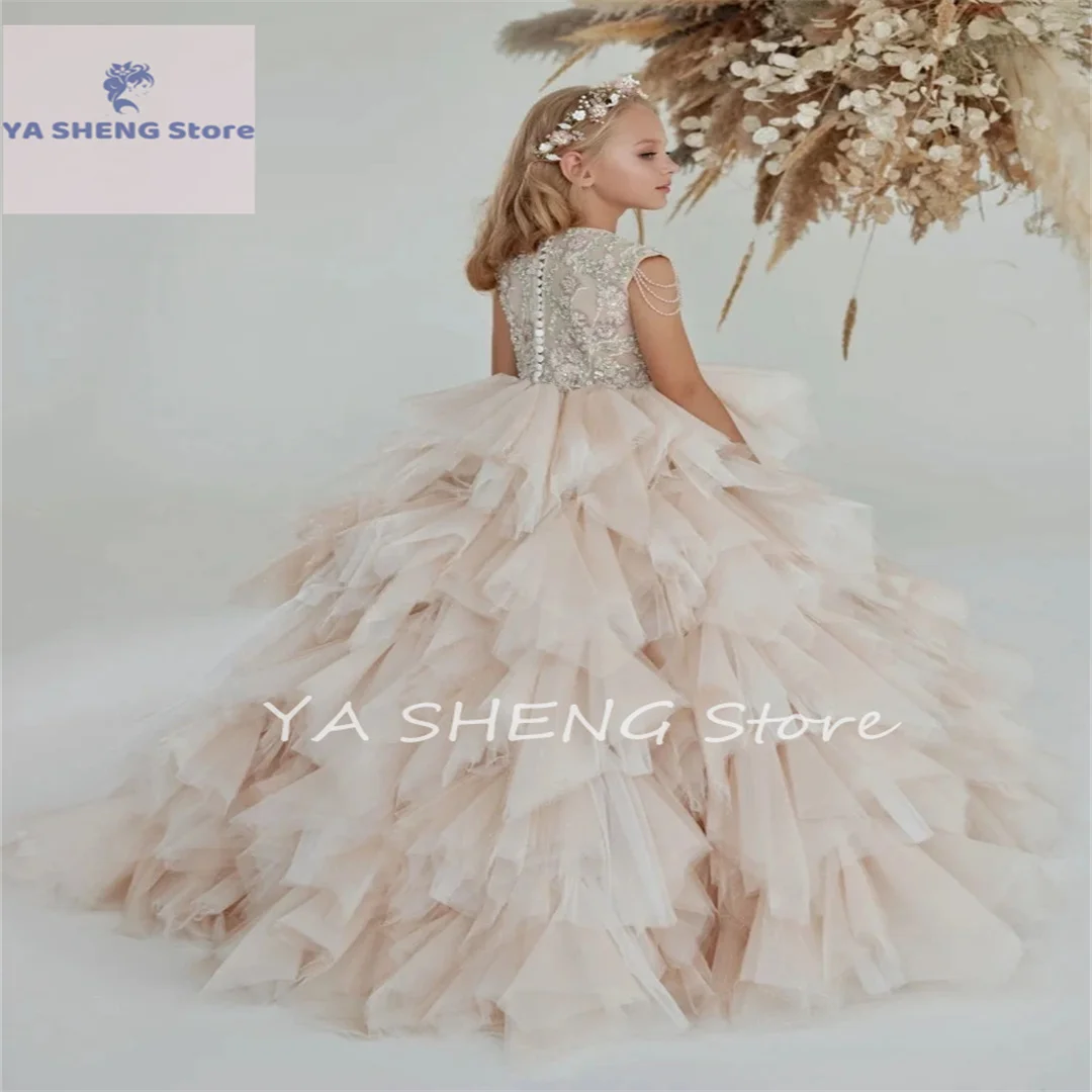 

Flower Girl Dress Champagne Tulle Appliques Beading Tiered Sleeveless For Wedding Birthday Party Pageant Princess Gowns
