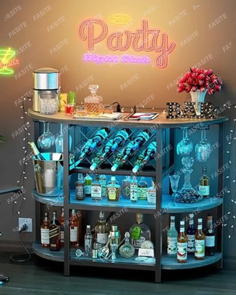 Bar Table Cabinet With Power Outlet, LED Home Mini Bar Cabinet For Liquor, Metal Wine Bar Stand With 4-Tier Storage Bar Table Cabinet With Power Outlet, LED Home Mini Bar Cabinet For Liquor, Metal Wine Bar Stand With 4-Tier Storage
