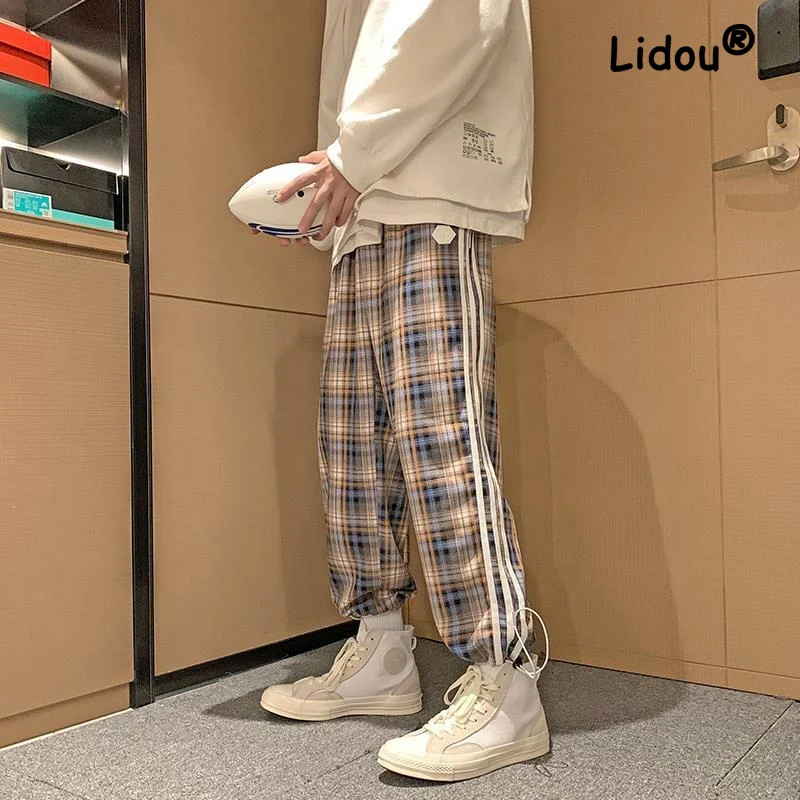

Vintage Casual Lattice Stripe Loose Personality Trousers New High Quality Hong Kong Style Youth All-match Summer Man Pants 2022