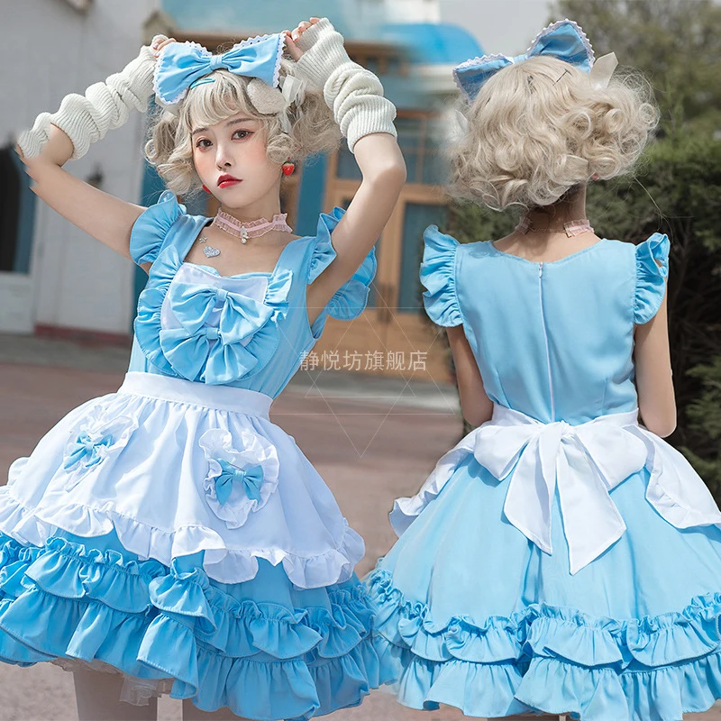 

Maid Cosplay Cafe Blue Alice Attire Soft Girl Fluffy Princess Dress Lovely Lolita Bow Tie Set Disfraz Anime Cosplay Costumes