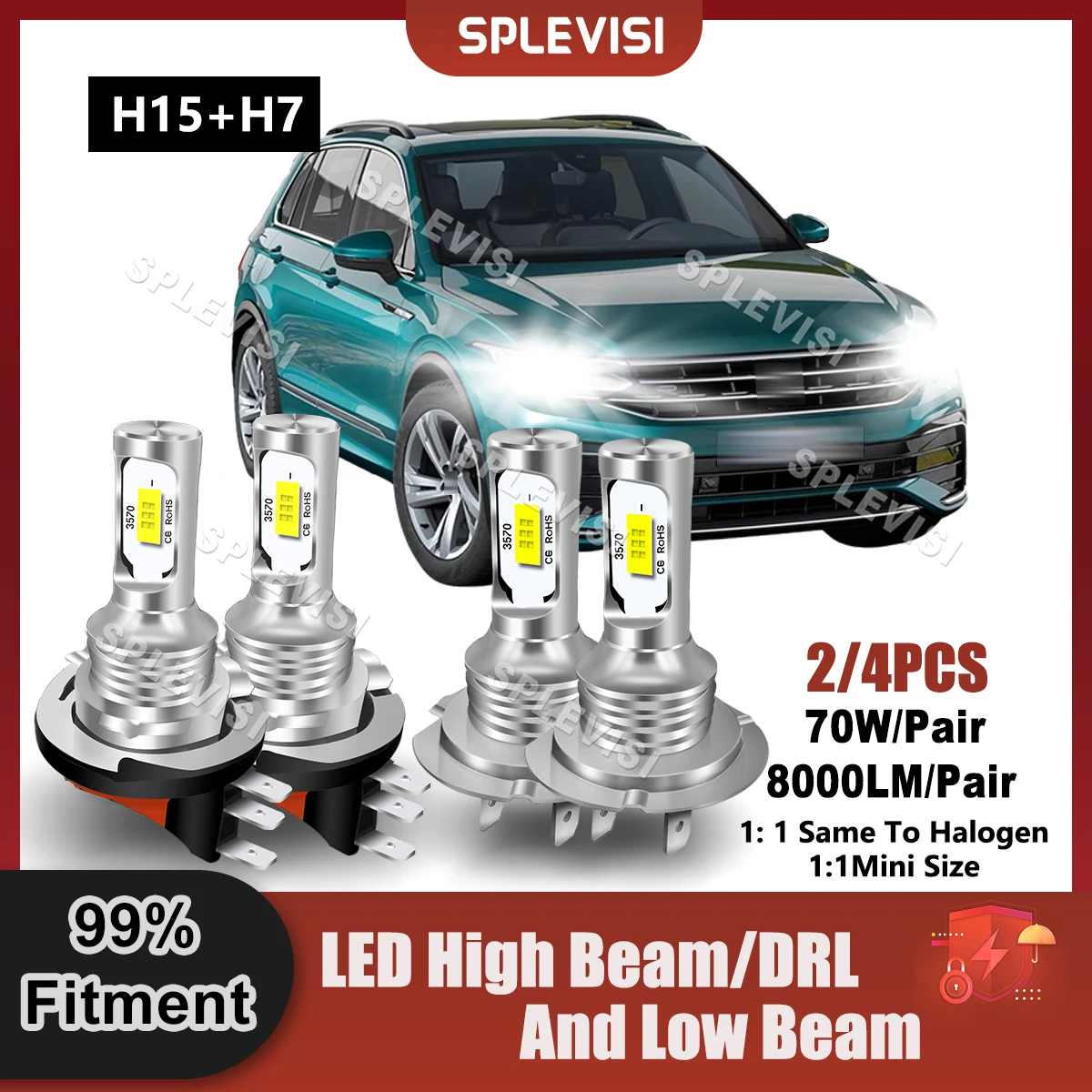 

LED H15+H7 Headlight High Beam/DRL+Low Beam Bulbs For VW Tiguan 2010 2011 2012 2013 2014 2015 2016 2017 2018 2019 2020 2021 2022