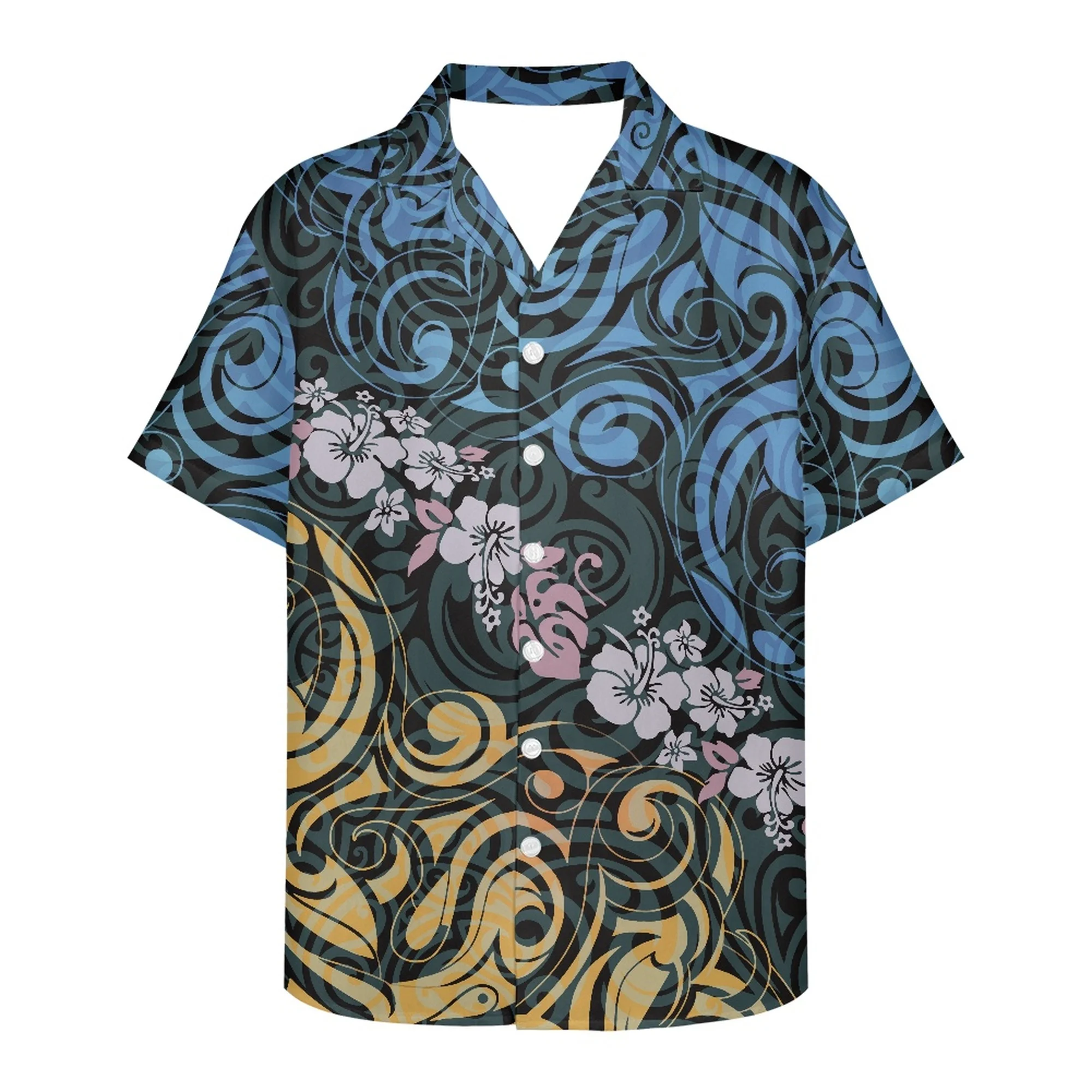 

Single-Breasted Shirt V-neck Fashion Summer Hot Sale Lapels Polynesian Pattern Casual Holiday Hibiscus Men On The Hawaiian Beach