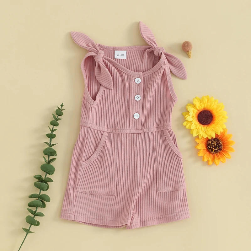 

Toddler Girl Summer Outfit Baby Sleeveless Rib Knit Jumpsuit Elastic Solid Color Romper Pockect Short Overalls