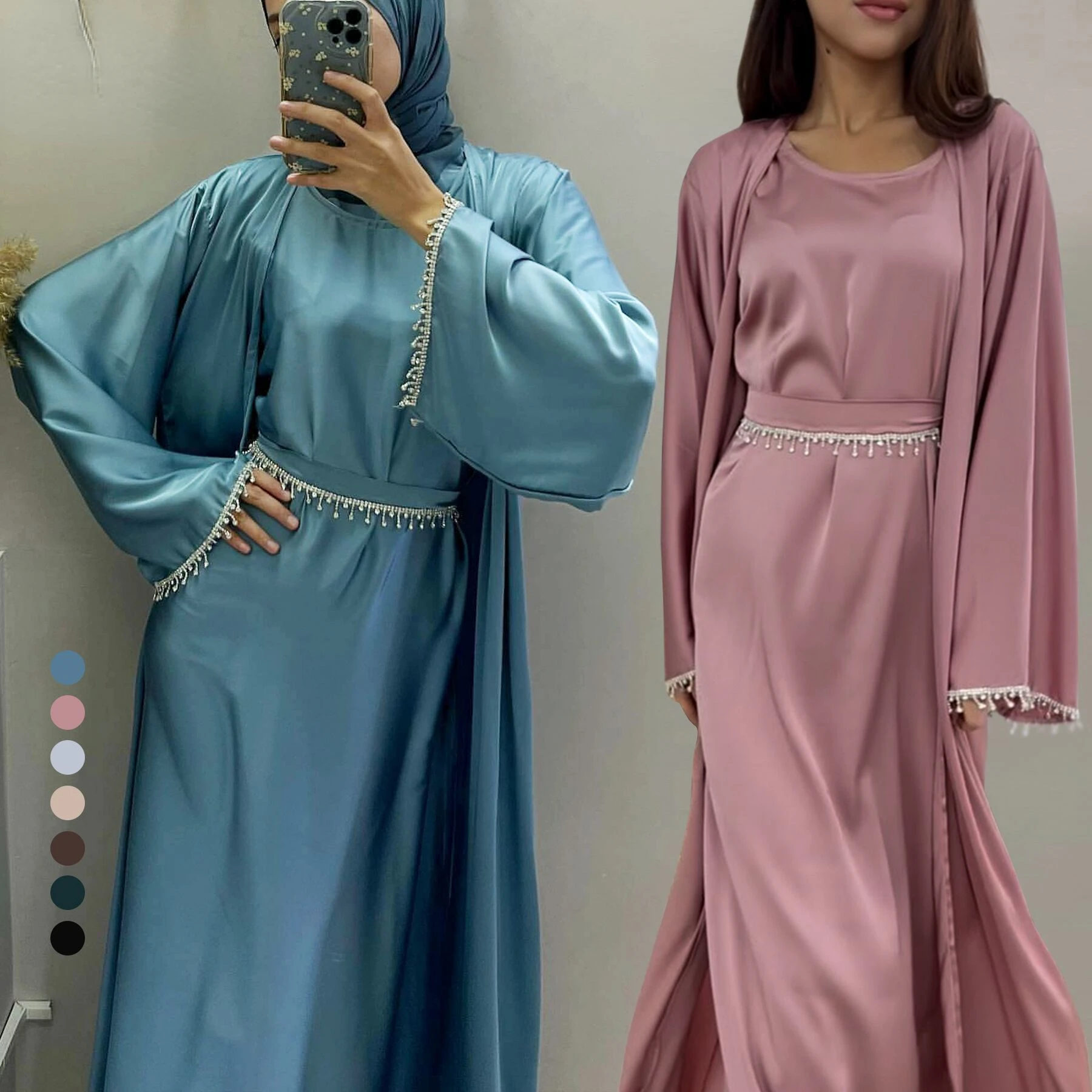 

Eid Satin Open Abaya Beads Kimono Muslim Abayas for Women Dubai Elegant Turkey Party Wedding Dress Islam Outfit Moroccan Kaftan