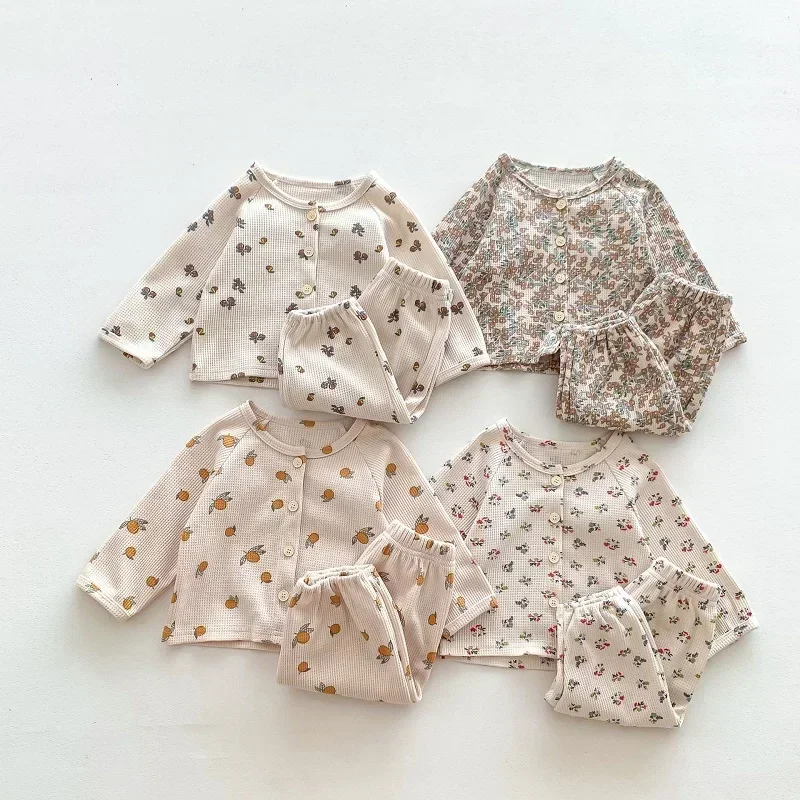 

Newborn Baby Girl Clothes Set INS Autumn Long Sleeve Single Breasted Flower Print Waffles Pattern Tops+Pant 2PCS Loungewear Suit