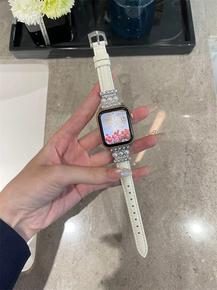 

Роскошный ремешок из стразов и жемчуга для Apple Watch Band Series 8 7 6 SE 5 4 3 2 1, женский тонкий браслет на запястье для iWatch 41 мм 38 мм 42 40 мм