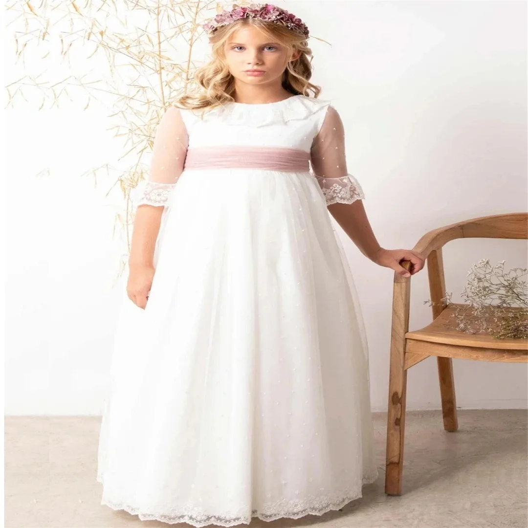 

Кружевное платье с цветочным рисунком для девочек, свадебное платье с круглым вырезом, аппликацией и длинными рукавами из тюля, детское бальное платье для первого причастия, дня рождения