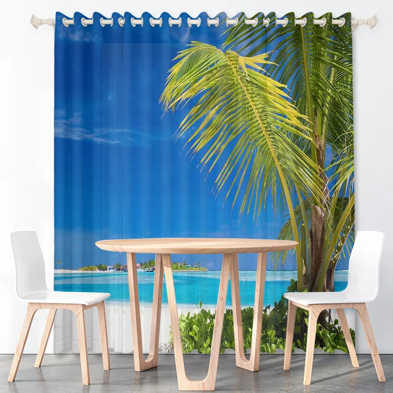 

Summer Ocean Beach Vacation Curtains Coconut Trees Ocean Waves Blue Sky White Clouds Thin Polyester Fabric Decoration with Hooks