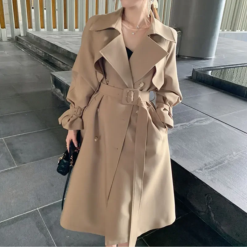 

Women High-end Khaki Trench Coat Spring Autumn New Ladies Cloak Wear A Belt Satin Fabric Lined Trench Coat Female Windbreakers