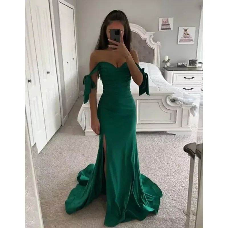 

Wakuta Long Off Shoulder Satin Bridesmaid Dresses with Slit Ruched Mermaid Prom Dress Corset Formal Party Gowns for Women