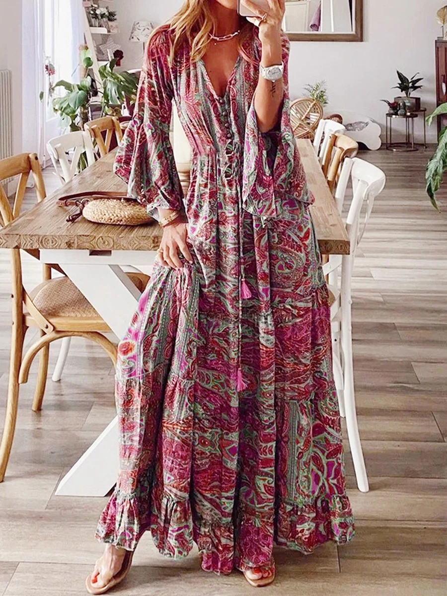 

Women s Boho Floral Print Deep V Neck Long Sleeve Maxi Dress with Tiered Ruffle Flowy Design - Perfect for Summer Beach Casual