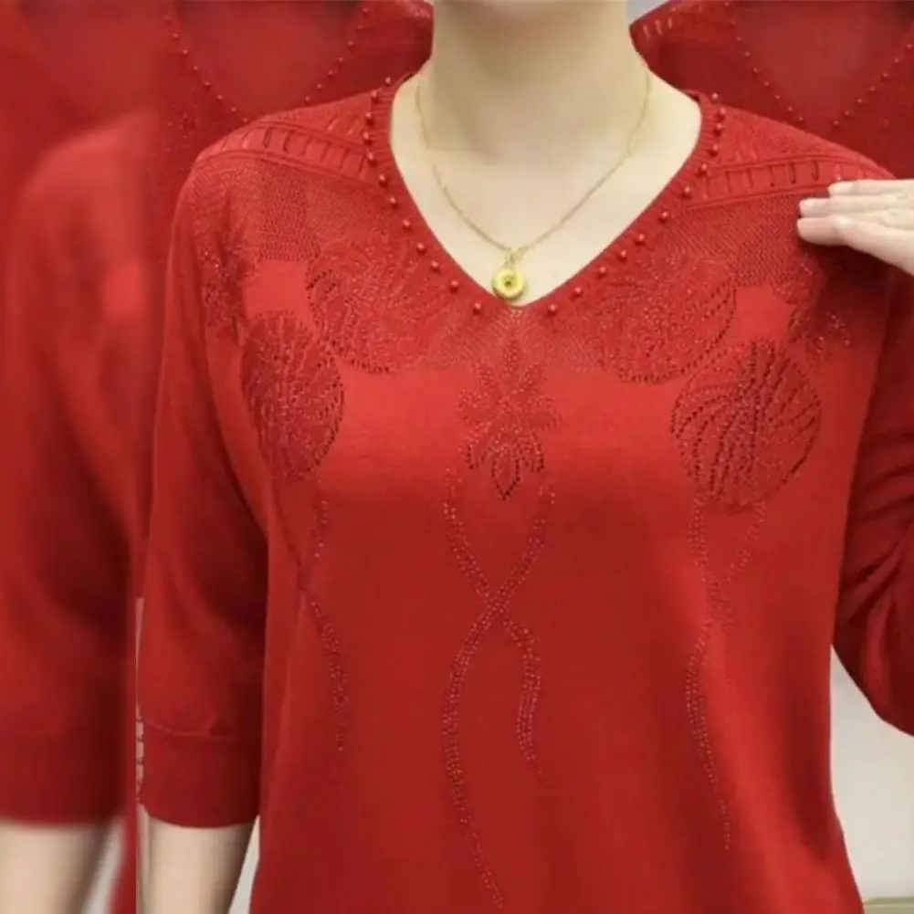 Speing Top Elegant Mid-aged Women's V Neck Floral Knit Pullover with Elastic Cuffs Soft Casual Mother Blouse for Three Quarter
Speing Top Elegant Mid-aged Women's V Neck Floral Knit Pullover with Elastic Cuffs Soft Casual Mother Blouse for Three Quarter