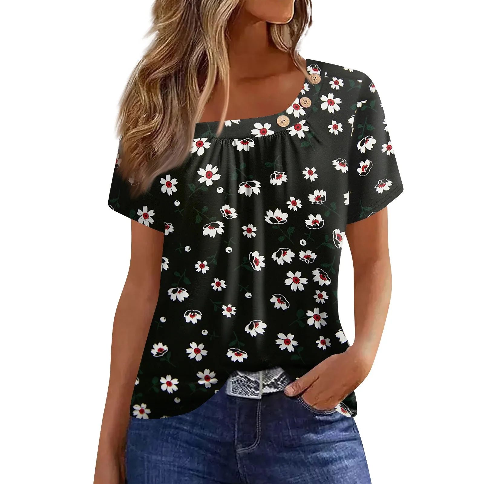 

Women's Fashion Casual Floral Printed Buttoned Round Neck Short Sleeve T-Shirt Top plus rozmiar topy кофта женская 플러스사이즈 상의