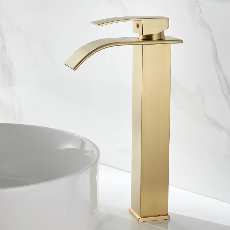

Brushed Gold waterfall Faucet Bathroom Sink Faucets Hot Cold Water Mixer Crane Deck Mounted Single Hole Bath Tap Chrome Finished