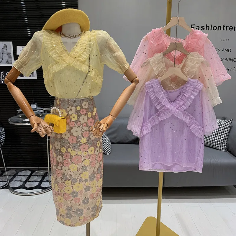 

Sweet soft and glutinous sequins crossed V-neck ruffled loose versatile shirt for women Top blusas femininas tendencia 2024