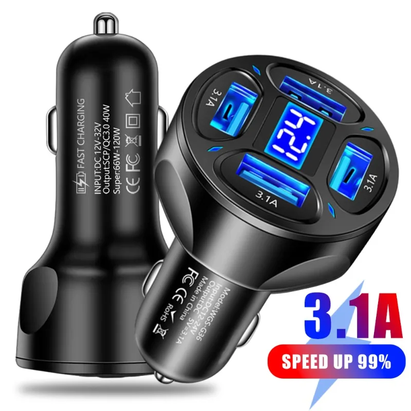 

4 Ports USB Car Charger Phone Fast Charging Cigarette Lighter Adapter Digital Display Phone Chargers for Iphone Xiaomi Samsung