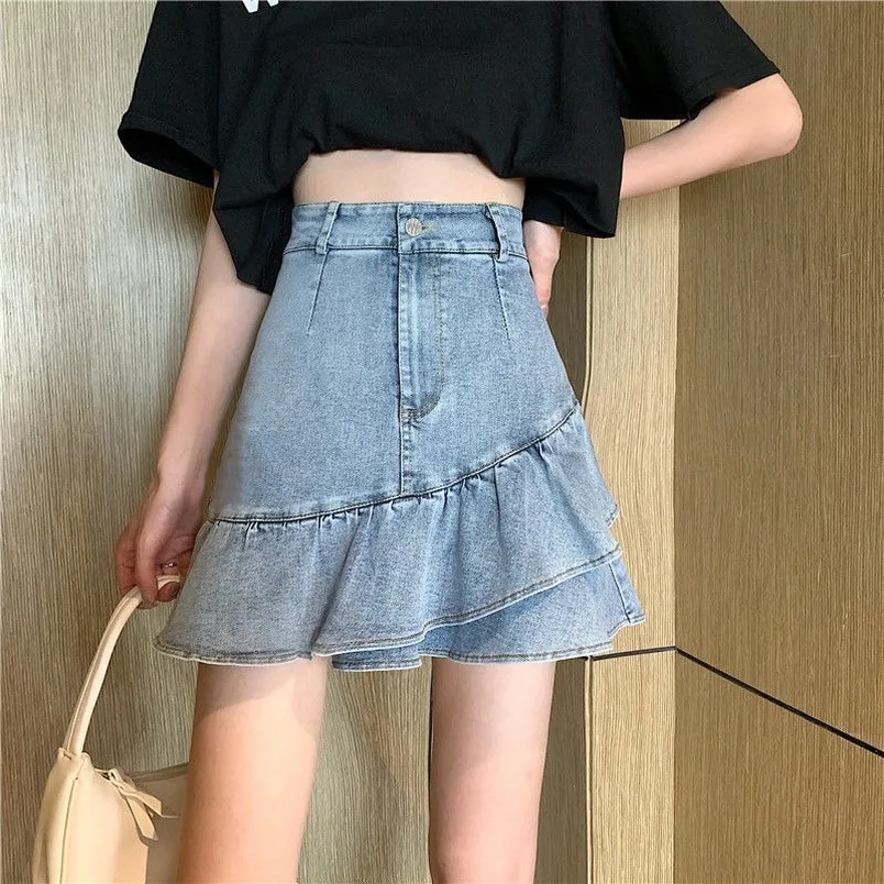 

Denim Ruffled Skirts Women Summer High-Waisted Slim A-Line Above Knee Sexy Mujer Faldas Harajuku Irregular Mini Skirt Howdfeo