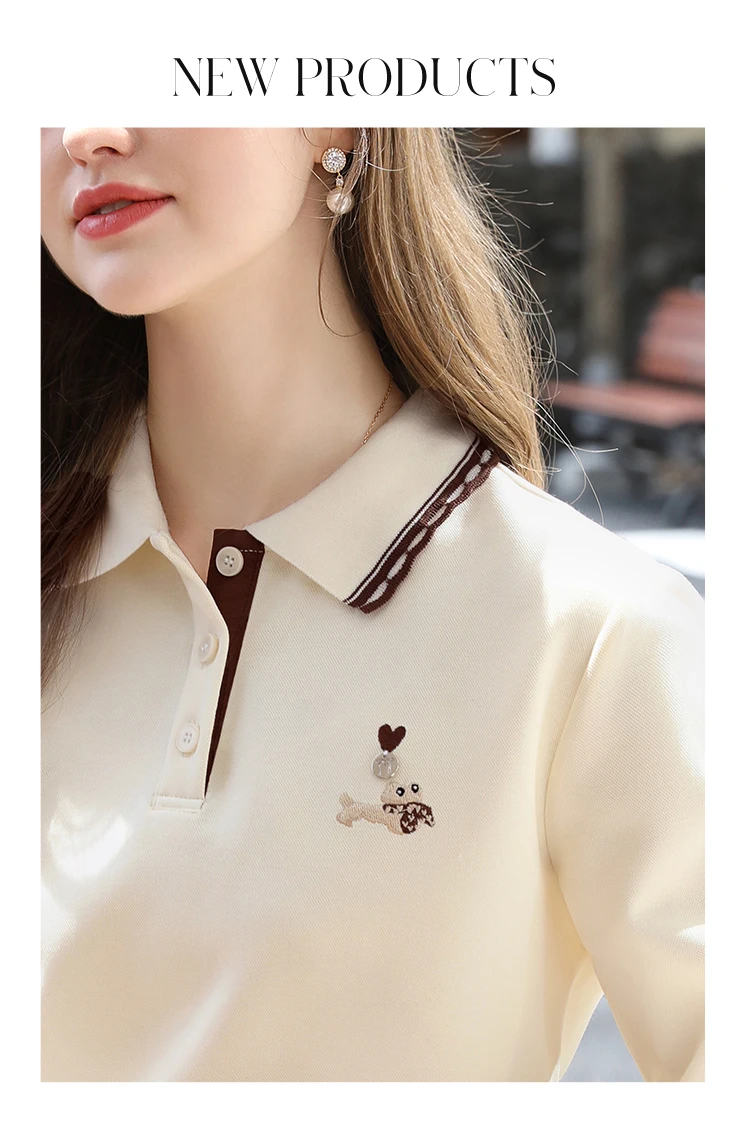 I BELIEVE YOU Polo Neck Long Sleeved T-shirt for Women Autumn 2025 Apricot Casual Tees Contrast Color Embroidery Top 2253016181 100 S2e4c1a4986e749d1ad6682a4d2729e5e7