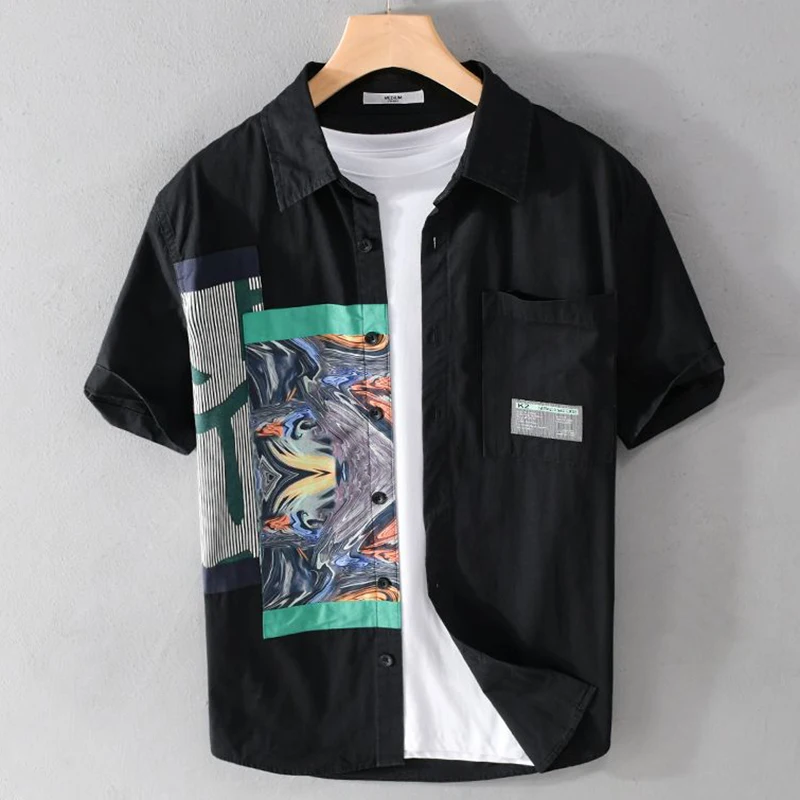 

Fashion Lapel Button Pockets Asymmetrical Punk Shirts Men's Clothing 2024 Summer New Casual Tops Loose Printed Shirt
