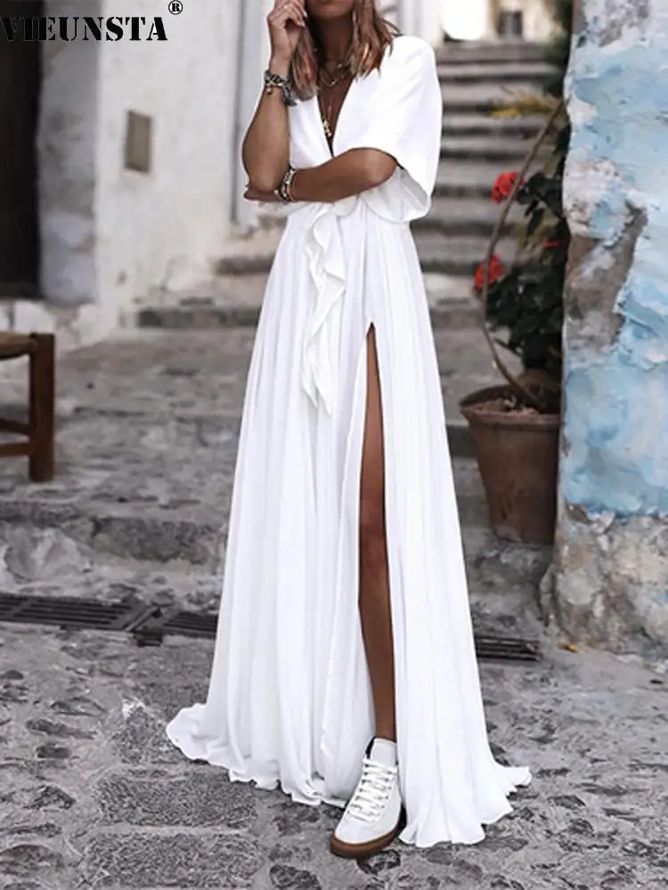 Женское длинное платье в стиле бохо однотонное свободное Пляжное Платье макси с