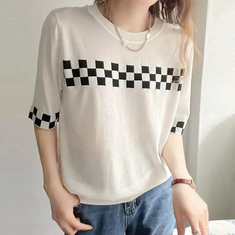 LJSXLS Plaid O Neck Tops Femme Casual T Shirt Short Sleeve Tshirts Camisetas De Mujer Knit Tee Shirt Women Summer Clothing 2023
LJSXLS Plaid O Neck Tops Femme Casual T Shirt Short Sleeve Tshirts Camisetas De Mujer Knit Tee Shirt Women Summer Clothing 2023