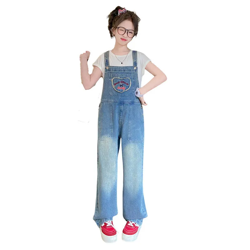

Teens Girls New Short Sleeve Top+Denim Jumpsuit Overalls Outfits 2024 Summer Clothes Sets for Kids 5 6 7 8 9 10 11 12 13 14Years