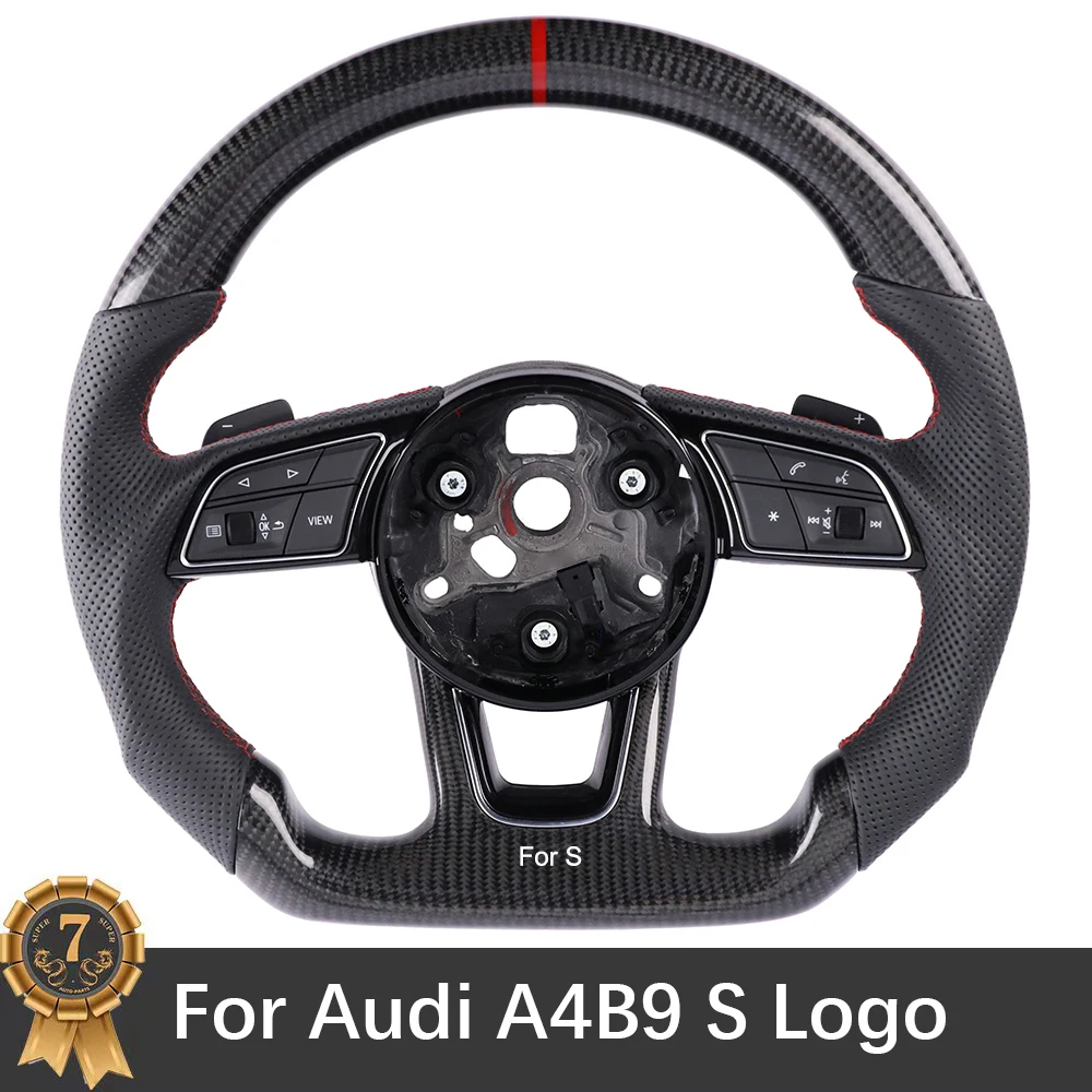 

Рулевое колесо с S-логотипом для Audi A4 B9, черное ПЕРФОРИРОВАННОЕ рулевое колесо из углеродного волокна с красной линией, аксессуары в сборе