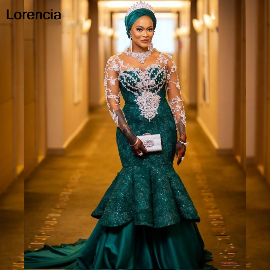 

Lorencia Aso Ebi Green Mermaid Prom Dress 2024 Long Sleeve Lace Applique African Arabic Formal Evening Gown Robe De Soiree YPD11