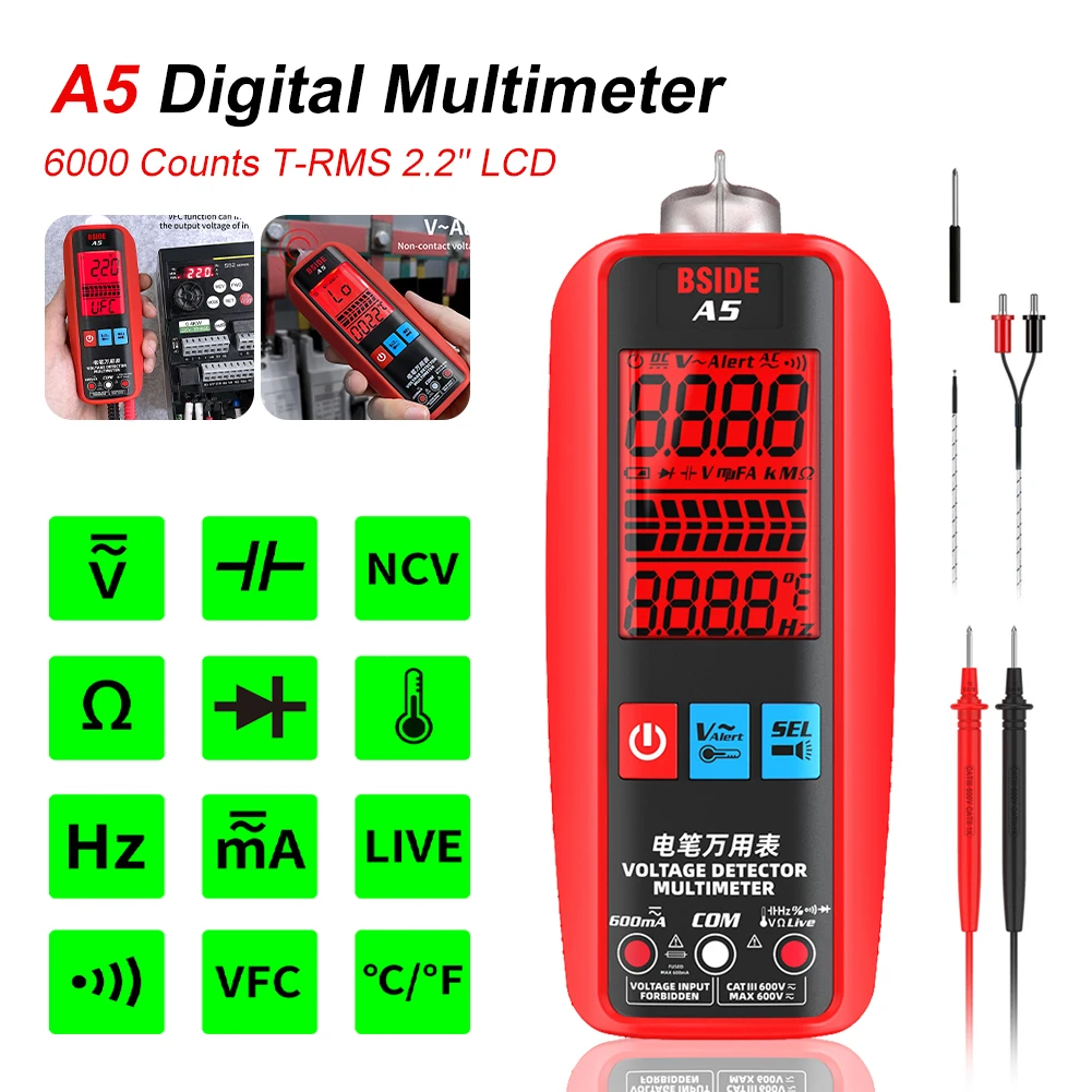 Digital Multimeter 6000 Counts T-RMS 2.2" LCD Display DC AC Voltage Capacitance Diode Ohm Multimetro NCV Live Wire Detector
Digital Multimeter 6000 Counts T-RMS 2.2" LCD Display DC AC Voltage Capacitance Diode Ohm Multimetro NCV Live Wire Detector
