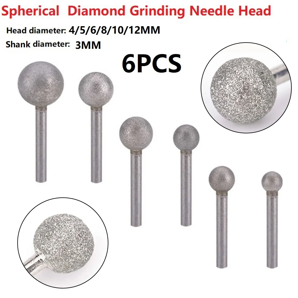 6pcs 4/5/6/8/10/12mm Spherical Diamond Grinding Needle Head 3mm Shank For Sculpting Dressing Internal Grinding
6pcs 4/5/6/8/10/12mm Spherical Diamond Grinding Needle Head 3mm Shank For Sculpting Dressing Internal Grinding