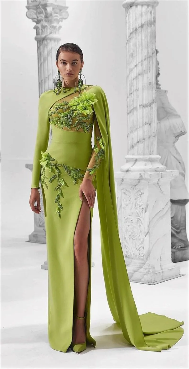 

Designer Green Cape Prom Dress 3D Floral Appliqued Beaded Full Sleeves Mermaid Side Split Evening Party Gown Custom Made Robes