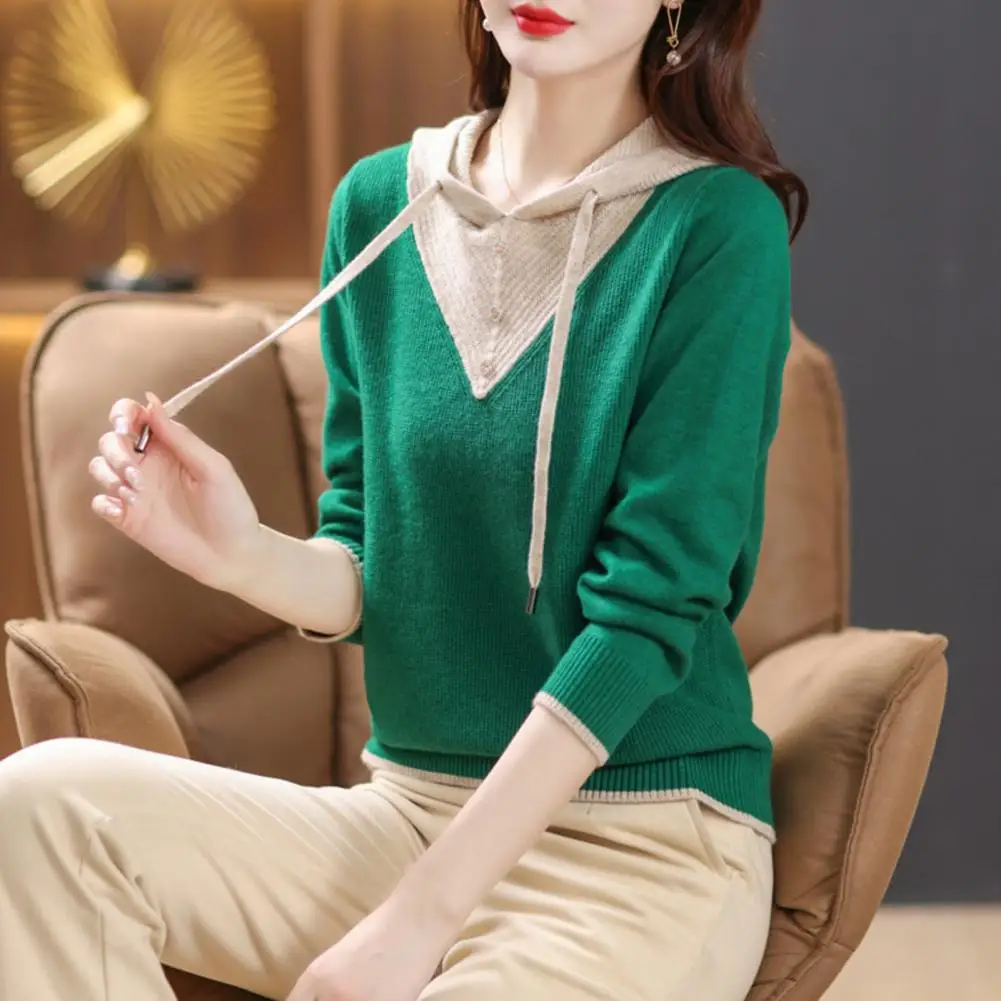Women Fall Winter Sweater Color Matching Patchwork Knitted Drawstring Hooded Long Sleeve Thick Warm Pullover Soft Elastic Lady S
Women Fall Winter Sweater Color Matching Patchwork Knitted Drawstring Hooded Long Sleeve Thick Warm Pullover Soft Elastic Lady S