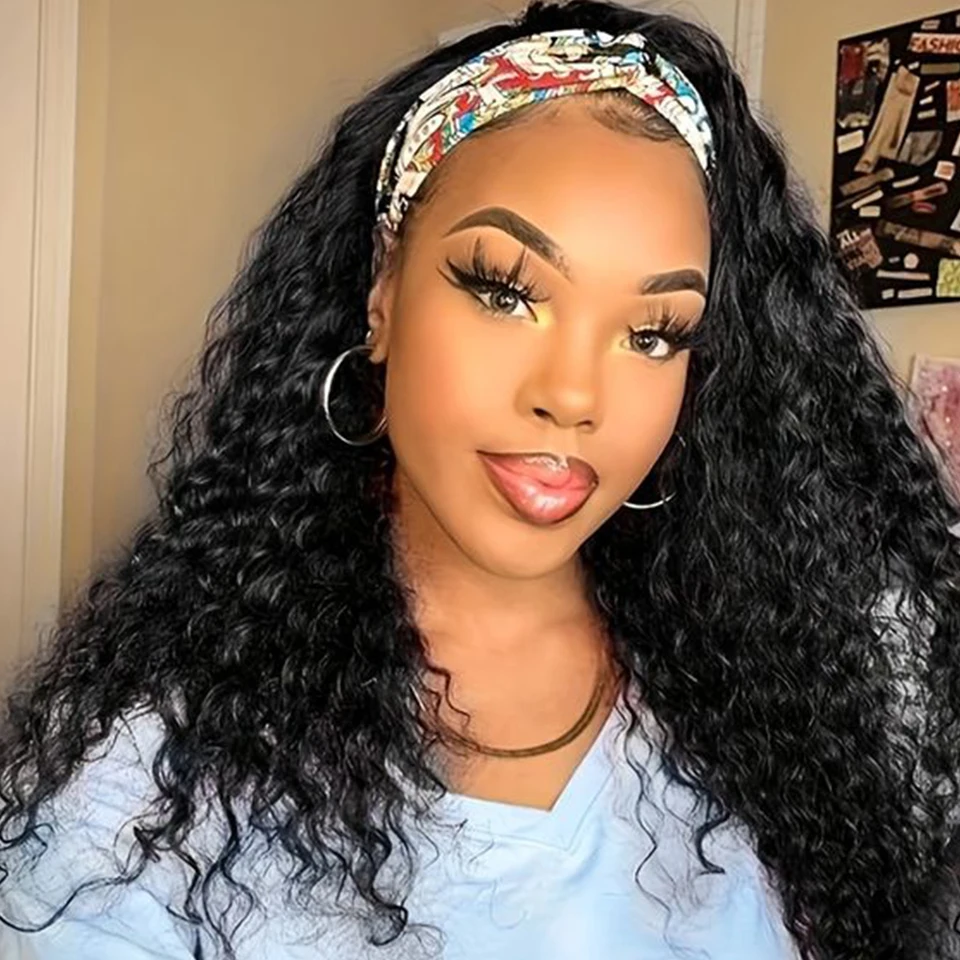

Peruvian Kinky Curly Human Hair Headband Wig For Black Women 180% Density Glueless Remy Afro Jerry Curly Full Machine Made Hair