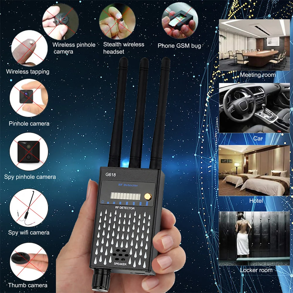 1MHz-8000GHz Anti Spy Camera Detector GSM Audio Bug Finder GPS Signal RF Tracker Detects Wireless Devices Scan G618 Professional
1MHz-8000GHz Anti Spy Camera Detector GSM Audio Bug Finder GPS Signal RF Tracker Detects Wireless Devices Scan G618 Professional