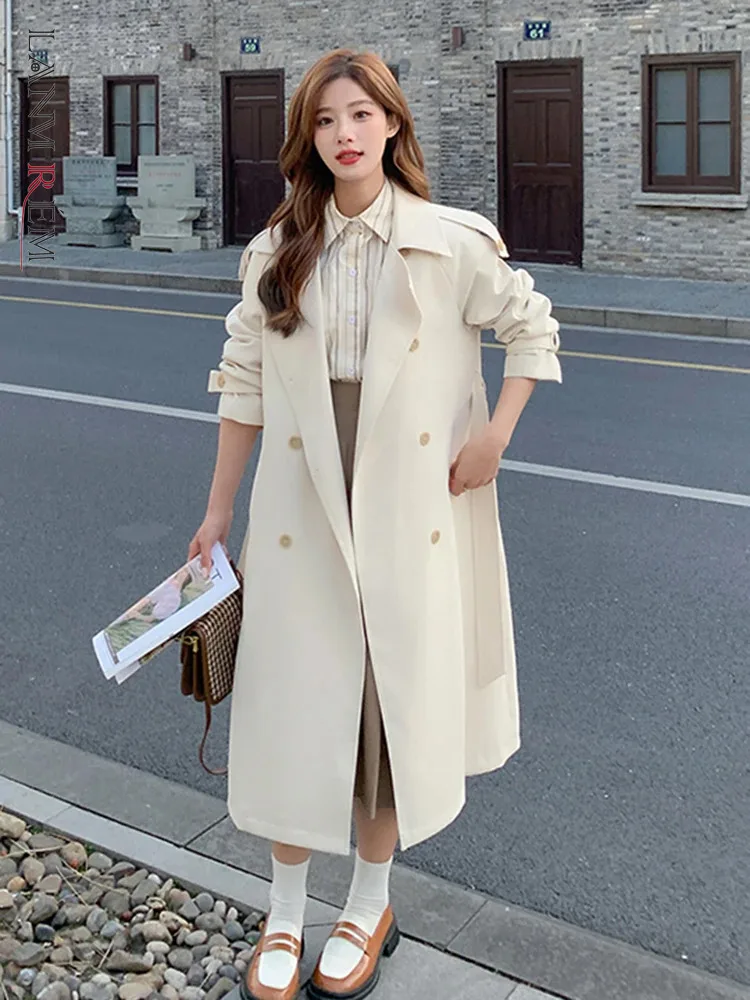 

LANMREM Mid Length Windbreaker For Women Lapel Double Dreasted Solid Color Lace-up Gathered Waist Trench 2024 Fashion New 2Z1437