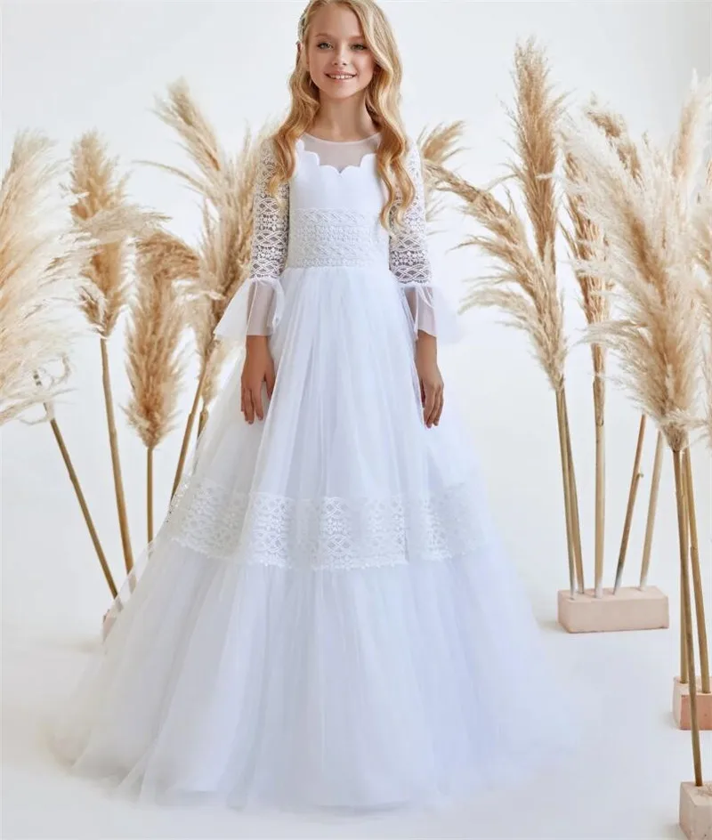 

Элегантное Цветочное платье для девочек на свадьбу, белое кружевное Тюлевое бальное платье с длинным рукавом для малышей, детей на день рождения, платье для первого причастия, 2024